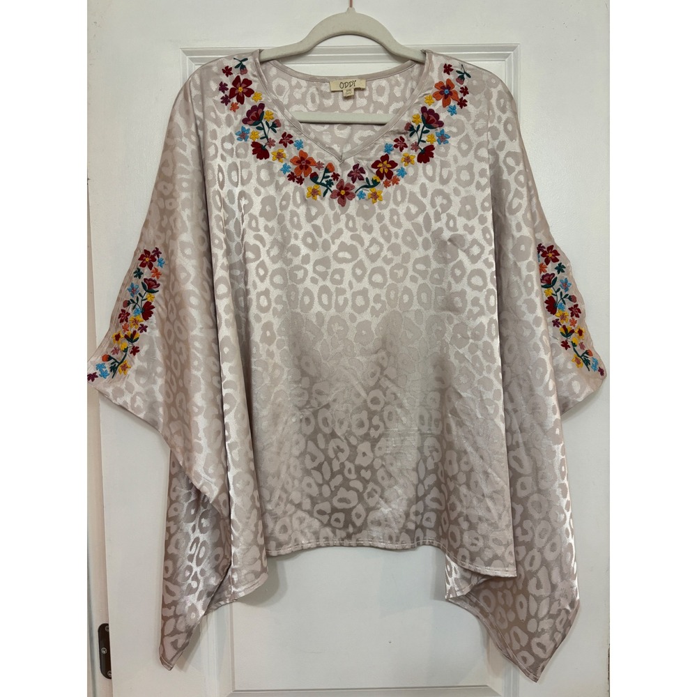 Women Champagne Leopard Satin Poncho Floral Embroidered V-Neck Top Oversized